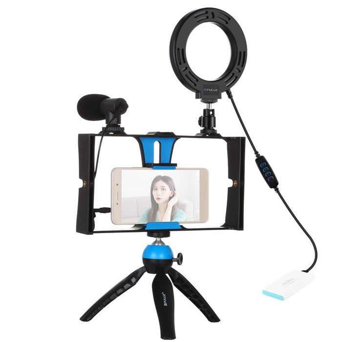 4 In 1 Vlogging Live Broadcast Smartphone Video Rig & 4.7 Inch 12Cm Ring Led Selfie Light Kits With Microphone & Tripod Mount & Cold Shoe Tripod Head Blue