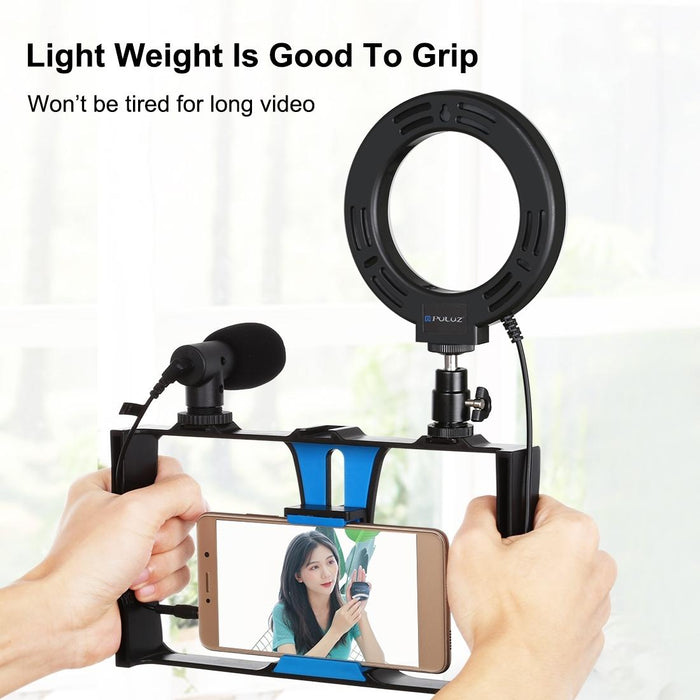 4 In 1 Vlogging Live Broadcast Smartphone Video Rig & 4.7 Inch 12Cm Ring Led Selfie Light Kits With Microphone & Tripod Mount & Cold Shoe Tripod Head Blue