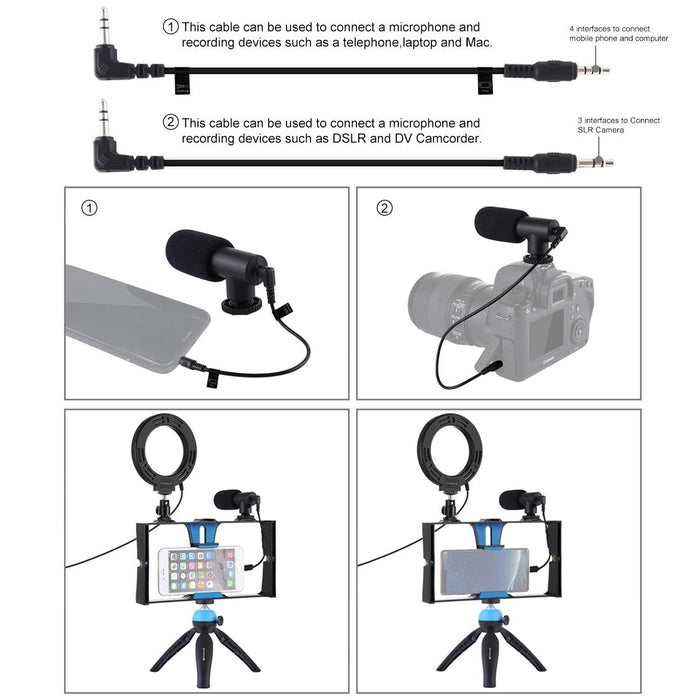 4 In 1 Vlogging Live Broadcast Smartphone Video Rig & 4.7 Inch 12Cm Ring Led Selfie Light Kits With Microphone & Tripod Mount & Cold Shoe Tripod Head Blue