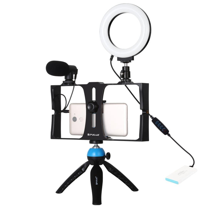 4 In 1 Vlogging Live Broadcast Smartphone Video Rig & 4.7 Inch 12Cm Ring Led Selfie Light Kits With Microphone & Tripod Mount & Cold Shoe Tripod Head Blue