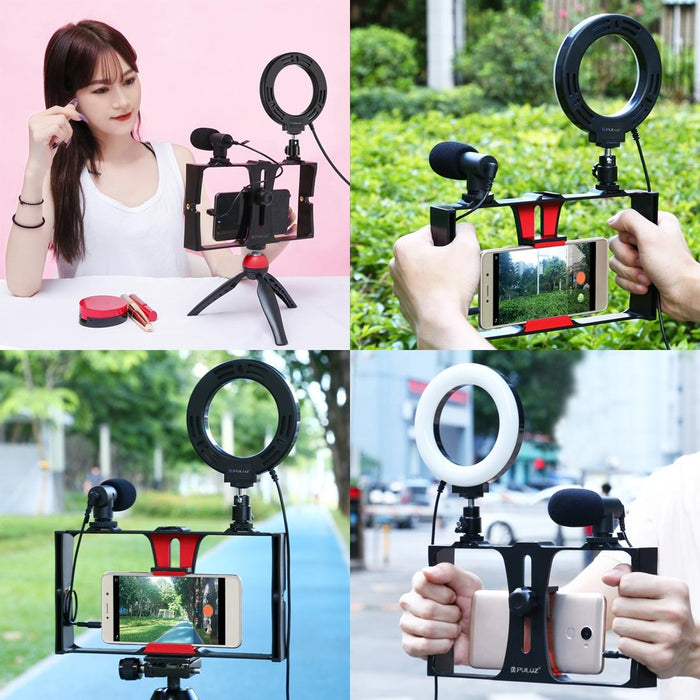 4 In 1 Vlogging Live Broadcast Smartphone Video Rig & 4.7 Inch 12Cm Ring Led Selfie Light Kits With Microphone & Tripod Mount & Cold Shoe Tripod Head Blue