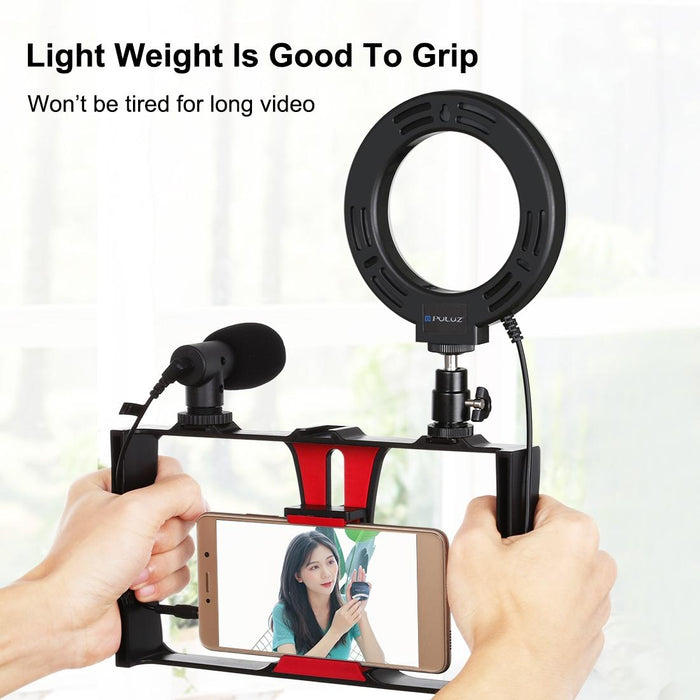 4 In 1 Vlogging Live Broadcast Smartphone Video Rig & 4.7 Inch 12Cm Ring Led Selfie Light Kits With Microphone & Tripod Mount & Cold Shoe Tripod Head Blue