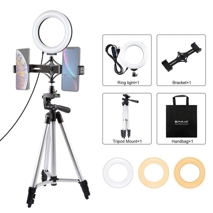 Tripod Mount & Live Broadcast Dual Phone Bracket & 6.2 Inch 16Cm Led Ring Vlogging Video Light Kits