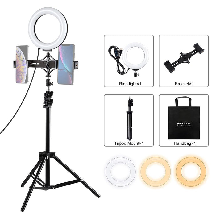 1.1M Tripod Mount & Live Broadcast Dual Phone Bracket & 6.2 Inch 16Cm Led Ring Vlogging Video Light Kits