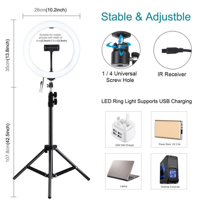 1.1M Tripod Mount & 10.2 Inch 26Cm Rgbw Led Ring Vlogging Video Light Live Broadcast Kits With Remote Control & Cold Shoe Tripod Ball Head & Phone Clamp Black