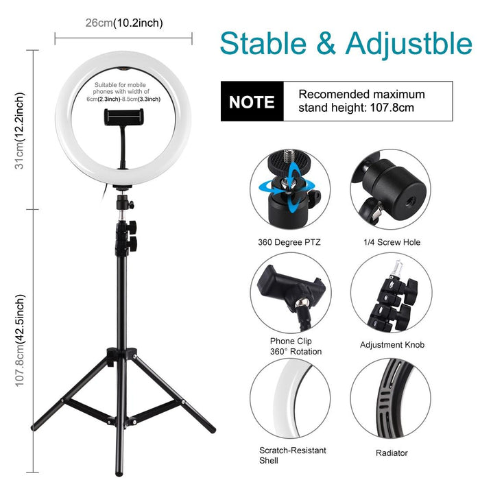 1.1M Tripod Mount & 10.2 Inch 26Cm Rgbw Led Ring Vlogging Video Light Live Broadcast Kits With Cold Shoe Tripod Ball Head & Phone Clamp