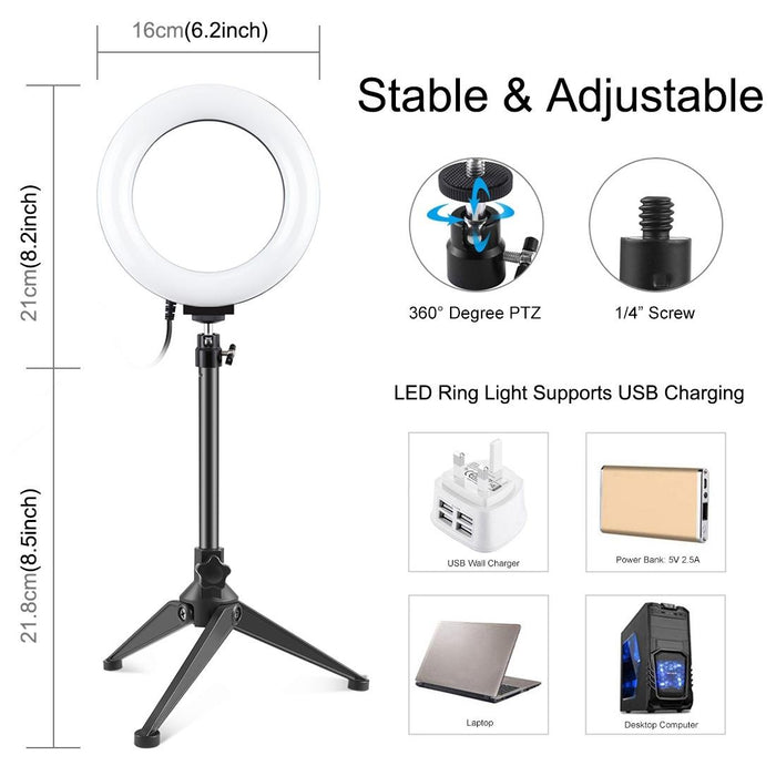 6.2 Inch 16Cm Usb 10 Modes 8 Colour Rgbw Dimmable Led Ring Vlogging Photography Video Lights & Desktop Tripod Mount With Cold Shoe Tripod Ball Head Black