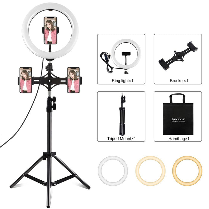 Dual Phone Brackets Horizontal Holder & 1.1M Tripod Mount & 10.2 Inch 26Cm Led Ring Vlogging Video Light Live Broadcast Kits Black