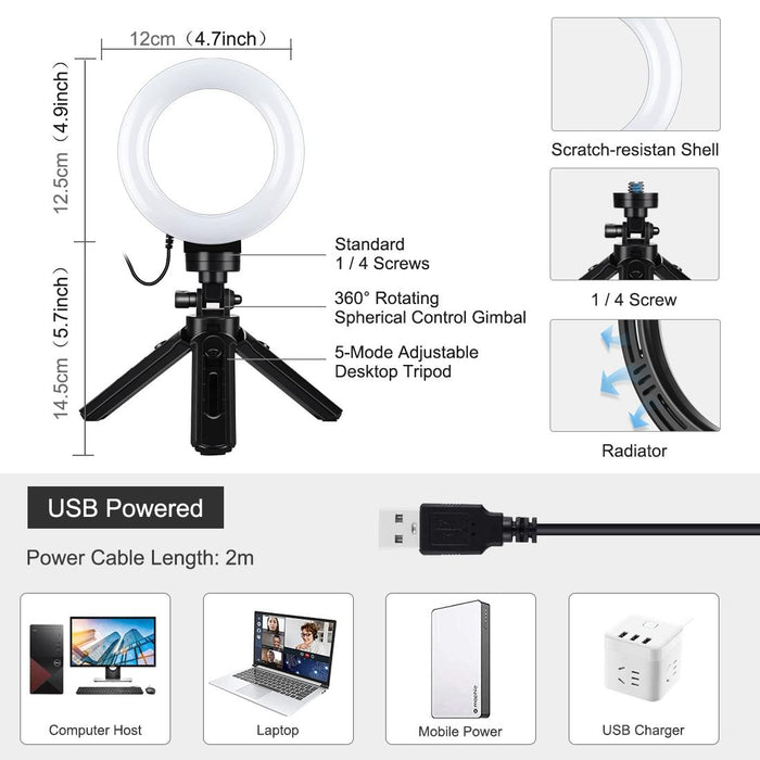 4.7 Inch 12Cm Usb 3 Modes Dimmable Led Ring Vlogging Photography Video Lights & Pocket Tripod Mount Kit With Cold Shoe Tripod Ball Head Black