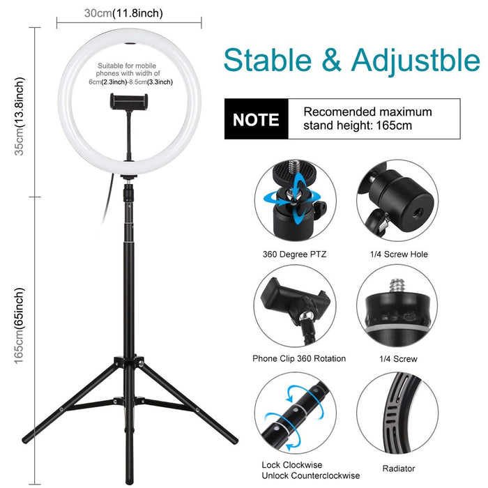 11.8 Inch 30Cm Light & 1.65M Tripod Mount Curved Surface Usb 3 Modes Dimmable Dual Colour Temperature Led Ring Vlogging Video Light Live Broadcast Kits With Phone Clamp Black