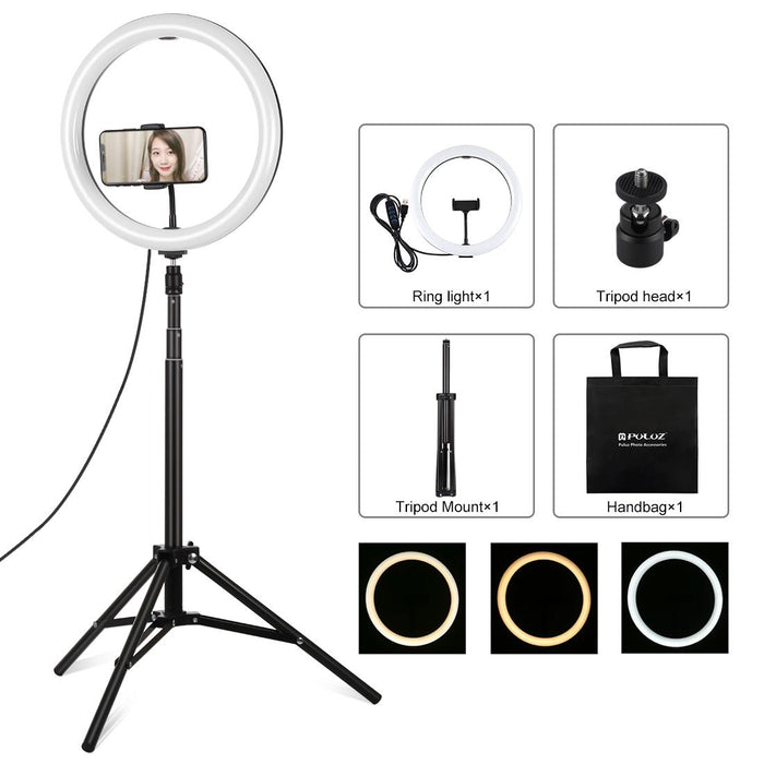 11.8 Inch 30Cm Light & 1.65M Tripod Mount Curved Surface Usb 3 Modes Dimmable Dual Colour Temperature Led Ring Vlogging Video Light Live Broadcast Kits With Phone Clamp Black