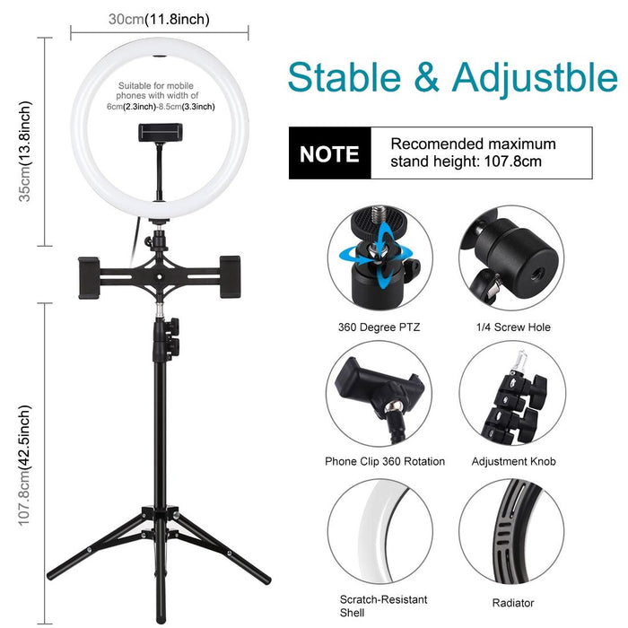 11.8 Inch 30Cm Light & 1.1M Tripod Mount & Dual Phone Brackets Curved Surface Usb 3 Modes Dimmable Dual Colour Temperature Led Ring Vlogging Video Light Live Broadcast Kits With Phone Clamp Black