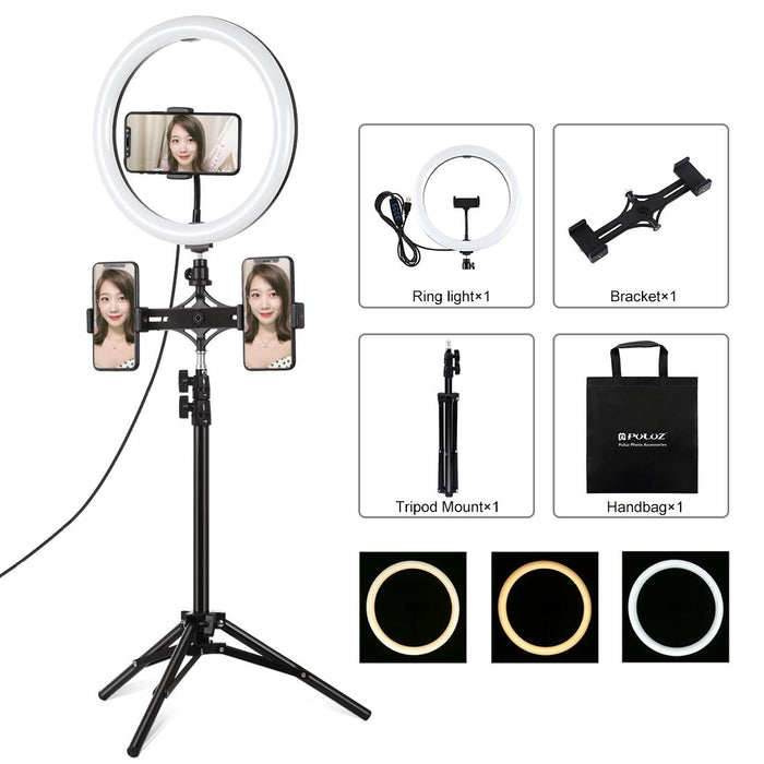 11.8 Inch 30Cm Light & 1.1M Tripod Mount & Dual Phone Brackets Curved Surface Usb 3 Modes Dimmable Dual Colour Temperature Led Ring Vlogging Video Light Live Broadcast Kits With Phone Clamp Black