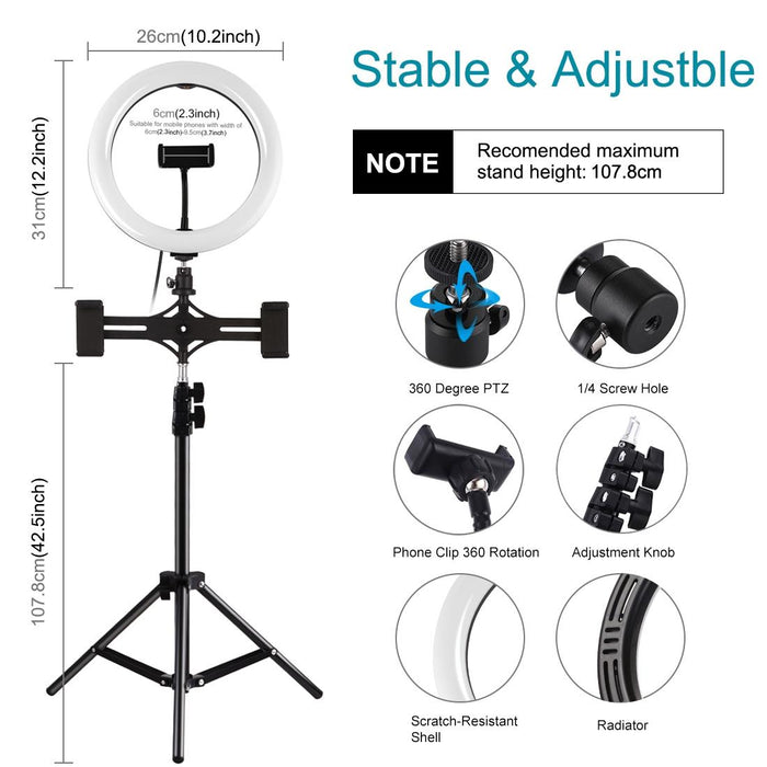 10.2 Inch 26Cm Light & 1.1M Tripod Mount & Dual Phone Brackets Usb 3 Modes Dimmable Dual Colour Temperature Led Curved Diffuse Light Ring Vlogging Selfie Photography Video Lights With Phone Clamp & Selfie Remote Control Black