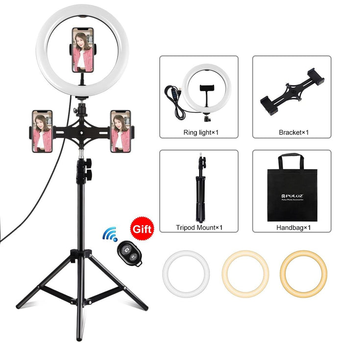 10.2 Inch 26Cm Light & 1.1M Tripod Mount & Dual Phone Brackets Usb 3 Modes Dimmable Dual Colour Temperature Led Curved Diffuse Light Ring Vlogging Selfie Photography Video Lights With Phone Clamp & Selfie Remote Control Black