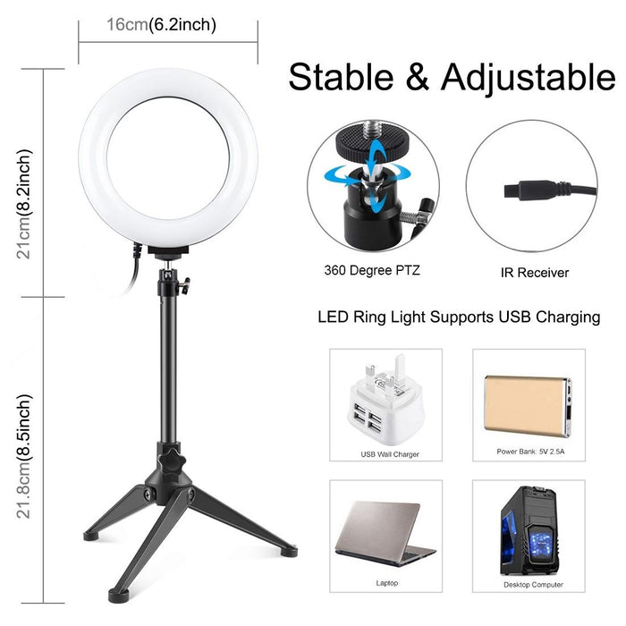 6.2 Inch 16Cm Rgbw Light & Desktop Tripod Mount & Usb Dimmable Led Ring Vlogging Photography Video Lights With Cold Shoe Tripod Ball Head & Remote Control Black