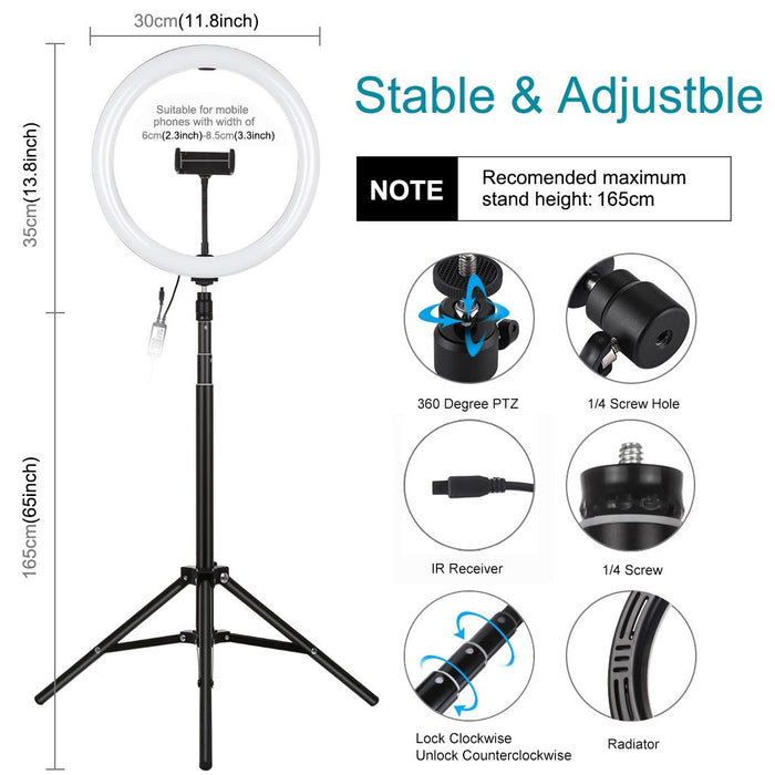 11.8 Inch 30Cm Rgbw Light & 1.65M Mount Curved Surface Rgbw Dimmable Led Ring Selfie Vlogging Light Live Broadcast Kits With Cold Shoe Tripod Adapter & Phone Clamp & Remote Control Black