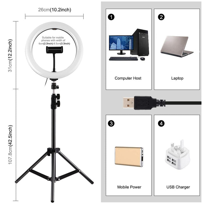 10.2 Inch 26Cm Marquee Led Rgbww Selfie Beauty Light & 1.1M Tripod Mount 168 Led Dual-Colour Temperature Dimmable Ring Vlogging Photography Video Lights With Cold Shoe Tripod Ball Head & Remote Control & Phone Clamp Black