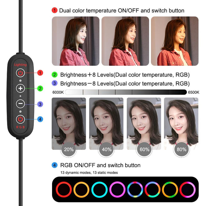 10.2 Inch 26Cm Marquee Led Rgbww Selfie Beauty Light & 1.1M Tripod Mount 168 Led Dual-Colour Temperature Dimmable Ring Vlogging Photography Video Lights With Cold Shoe Tripod Ball Head & Remote Control & Phone Clamp Black