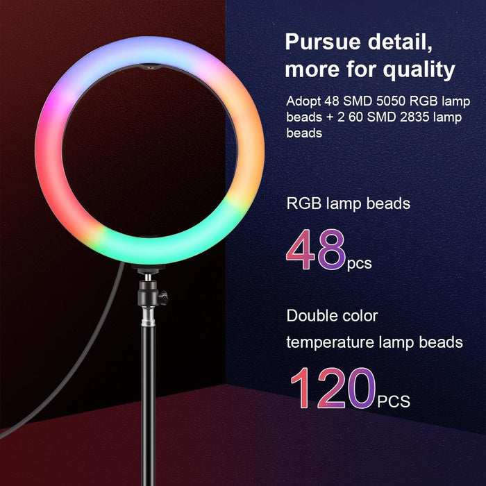 10.2 Inch 26Cm Marquee Led Rgbww Selfie Beauty Light & 1.1M Tripod Mount 168 Led Dual-Colour Temperature Dimmable Ring Vlogging Photography Video Lights With Cold Shoe Tripod Ball Head & Remote Control & Phone Clamp Black