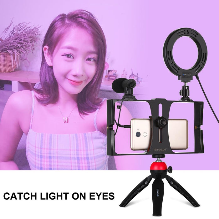 4 In 1 Vlogging Live Broadcast Smartphone Video Rig & 4.7 Inch 12Cm Rgbw Ring Led Selfie Light & Microphone & Pocket Tripod Mount Kits With Cold Shoe Tripod Head