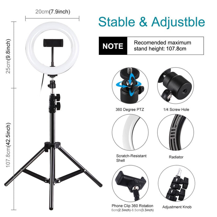 7.9 Inch 20Cm Usb Rgb Light & 1.1M Tripod Mount Dimmable Led Dual Colour Temperature Led Curved Light Ring Vlogging Selfie Photography Video Lights With Phone Clamp Black