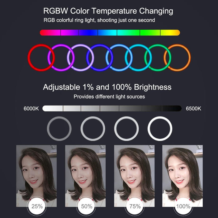 7.9 Inch 20Cm Usb Rgb Light & 1.1M Tripod Mount Dimmable Led Dual Colour Temperature Led Curved Light Ring Vlogging Selfie Photography Video Lights With Phone Clamp Black