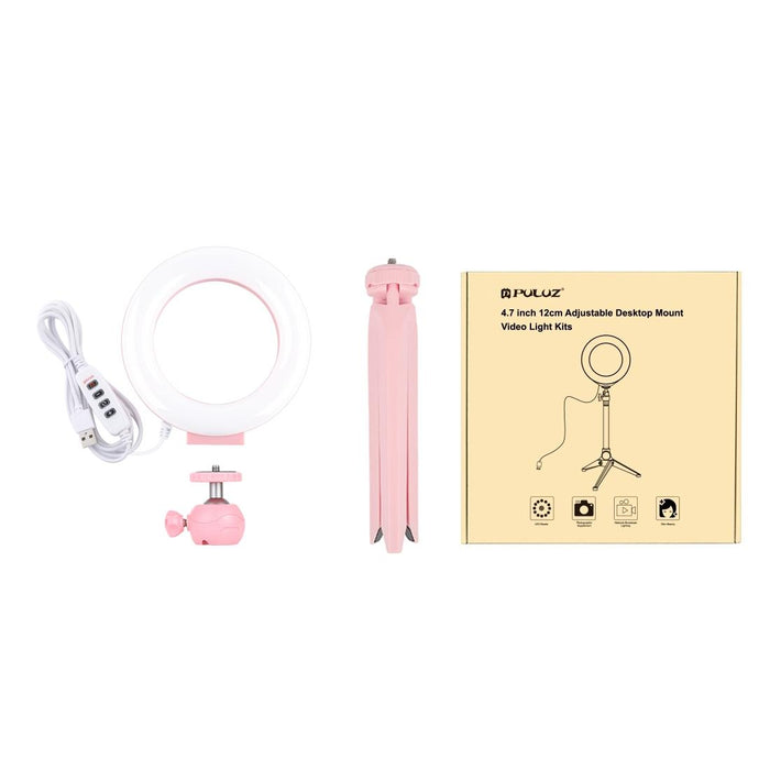 4.7 Inch 12Cm Light & Desktop Tripod Mount Usb 3 Modes Dimmable Led Ring Vlogging Selfie Photography Video Lights With Cold Shoe Tripod Ball Head Pink