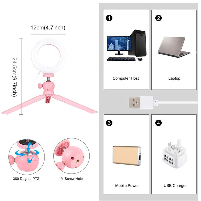 4.7 Inch 12Cm Light & Desktop Tripod Mount Usb 3 Modes Dimmable Led Ring Vlogging Selfie Photography Video Lights With Cold Shoe Tripod Ball Head Pink