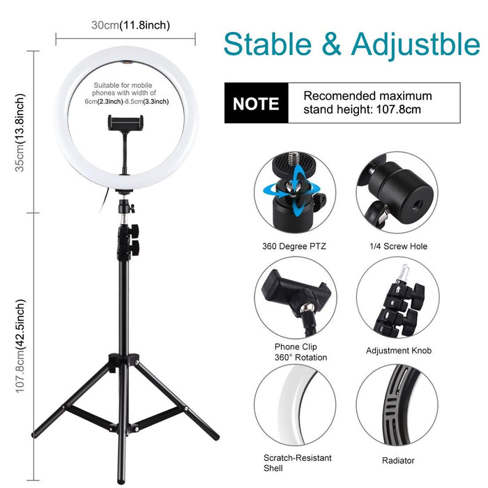 11.8 Inch 30Cm Light & 1.1M Tripod Mount Curved Surface Rgbw Dimmable Led Ring Vlogging Photography Video Lights Live Broadcast Kits With Tripod Ball Head & Phone Clamp Black