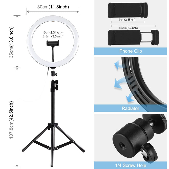 11.8 Inch 30Cm Light & 1.1M Tripod Mount Curved Surface Type-C 3 Modes Dimmable Dual Colour Temperature Led Ring Vlogging Video Light Live Broadcast Kits With Phone Clamp Black