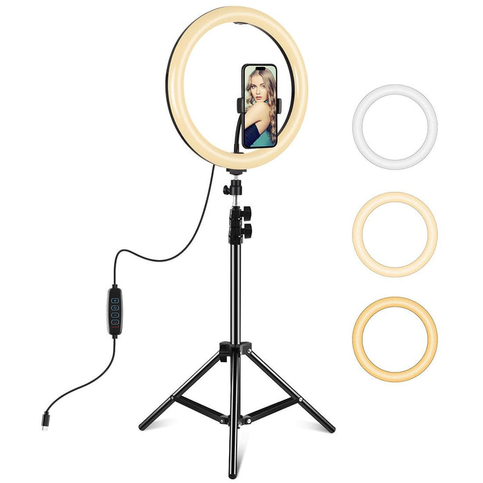 11.8 Inch 30Cm Light & 1.1M Tripod Mount Curved Surface Type-C 3 Modes Dimmable Dual Colour Temperature Led Ring Vlogging Video Light Live Broadcast Kits With Phone Clamp Black