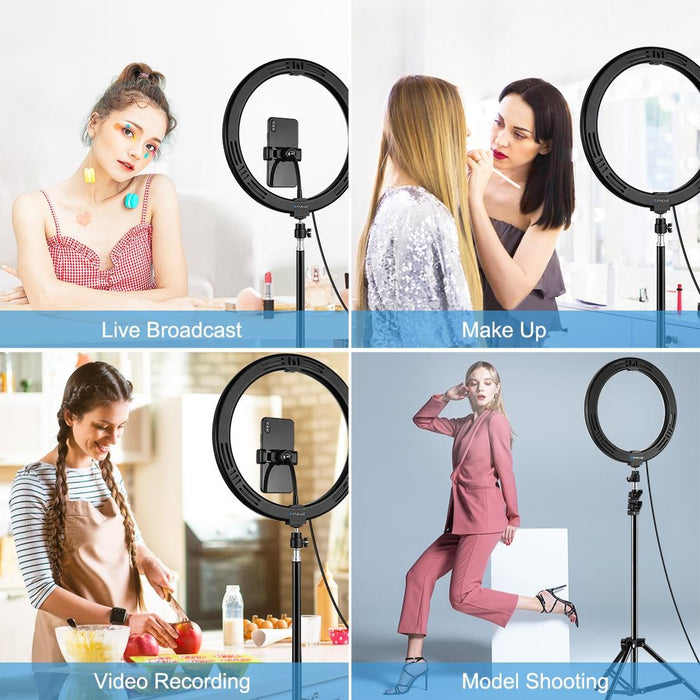 11.8 Inch 30Cm Light & 1.1M Tripod Mount Curved Surface Type-C 3 Modes Dimmable Dual Colour Temperature Led Ring Vlogging Video Light Live Broadcast Kits With Phone Clamp Black