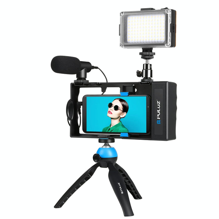 4 In 1 Bluetooth Handheld Vlogging Live Broadcast Led Selfie Light Smartphone Video Rig Kits With Microphone & Tripod Mount & Cold Shoe Tripod Head Blue