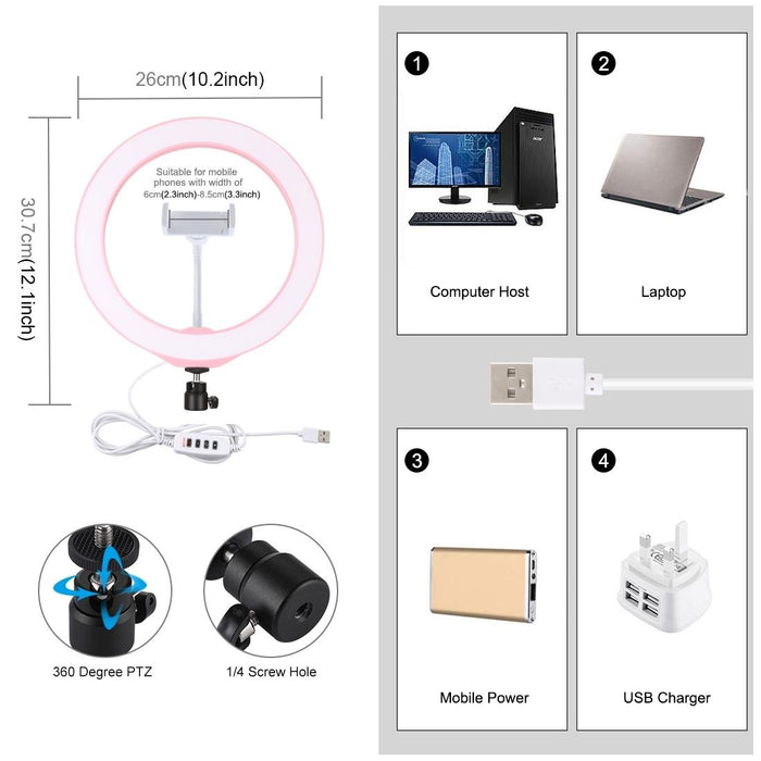 26Cm Usb 3 Modes Dimmable Led Ring Vlogging Selfie Beauty Photography Video Lights With Tripod Ball Head & Phone Clamp