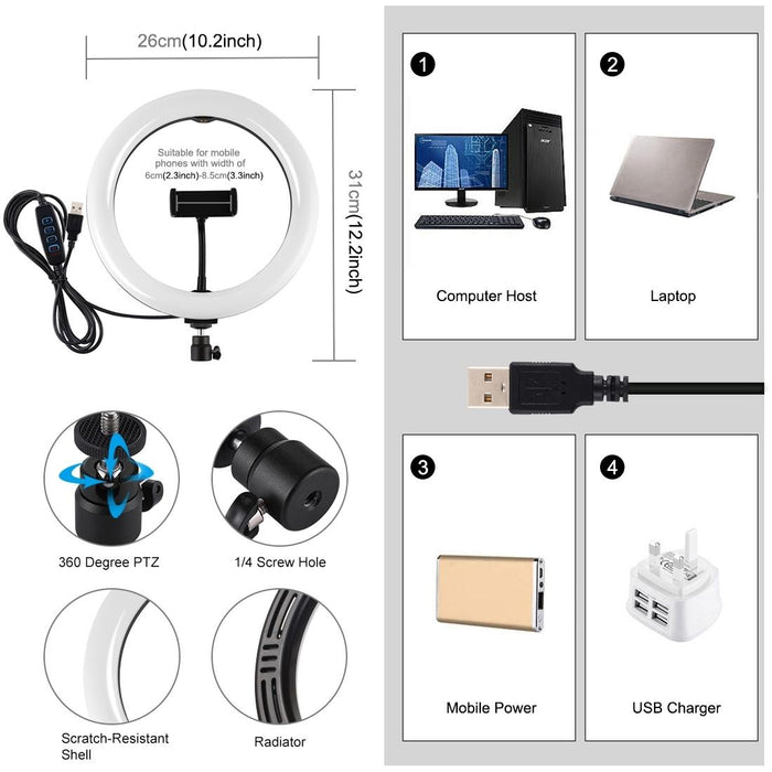 26Cm Usb 3 Modes Dimmable Led Ring Vlogging Selfie Beauty Photography Video Lights With Tripod Ball Head & Phone Clamp