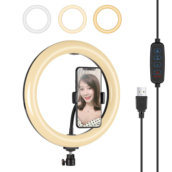 26Cm Usb 3 Modes Dimmable Led Ring Vlogging Selfie Beauty Photography Video Lights With Tripod Ball Head & Phone Clamp