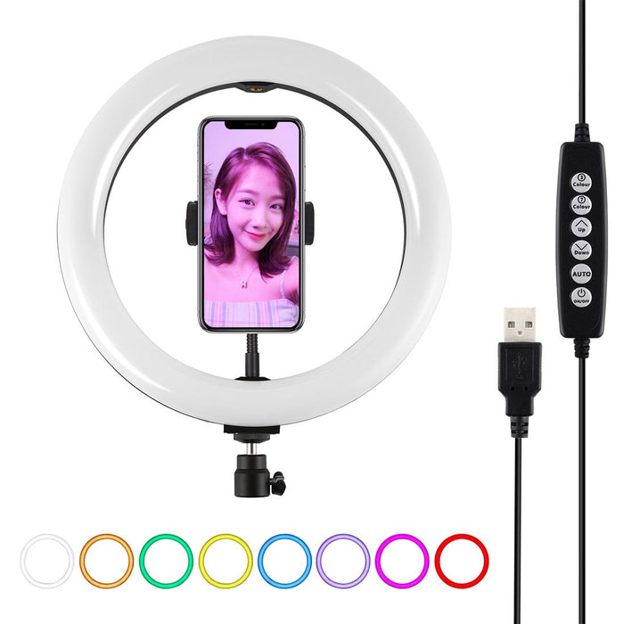 10.2 Inch 26Cm Usb 10 Modes 8 Colour Rgbw Dimmable Led Ring Vlogging Photography Video Lights With Cold Shoe Tripod Ball Head & Phone Clamp