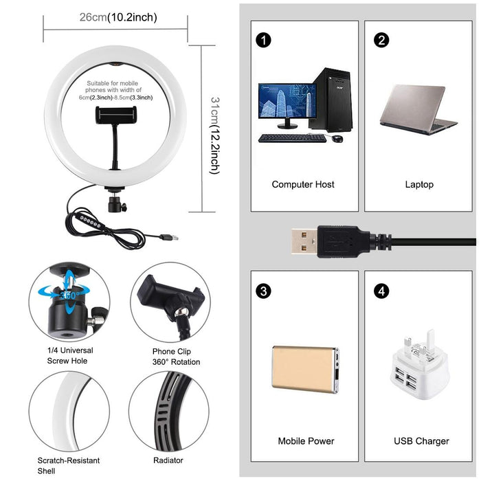 10.2 Inch 26Cm Usb 10 Modes 8 Colour Rgbw Dimmable Led Ring Vlogging Photography Video Lights With Cold Shoe Tripod Ball Head & Phone Clamp