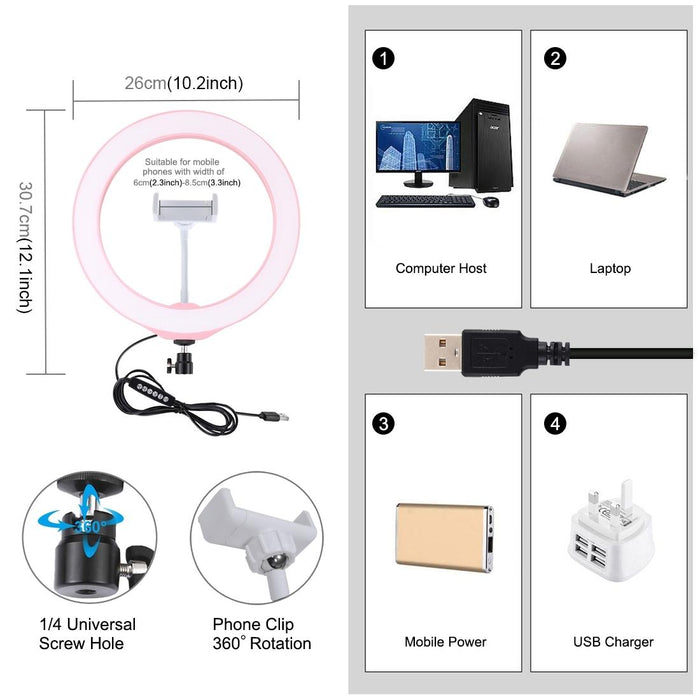 10.2 Inch 26Cm Usb 10 Modes 8 Colour Rgbw Dimmable Led Ring Vlogging Photography Video Lights With Cold Shoe Tripod Ball Head & Phone Clamp