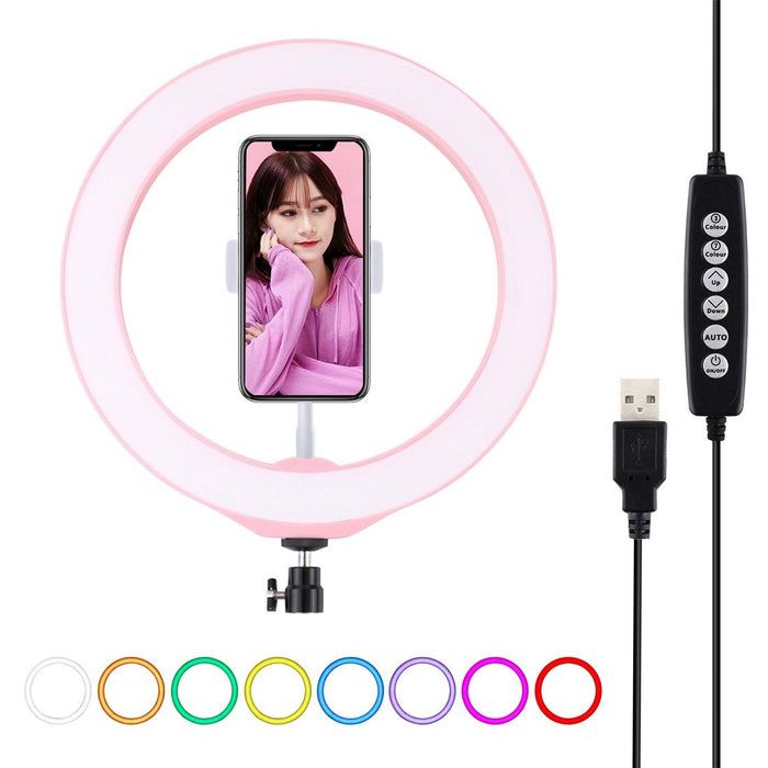 10.2 Inch 26Cm Usb 10 Modes 8 Colour Rgbw Dimmable Led Ring Vlogging Photography Video Lights With Cold Shoe Tripod Ball Head & Phone Clamp