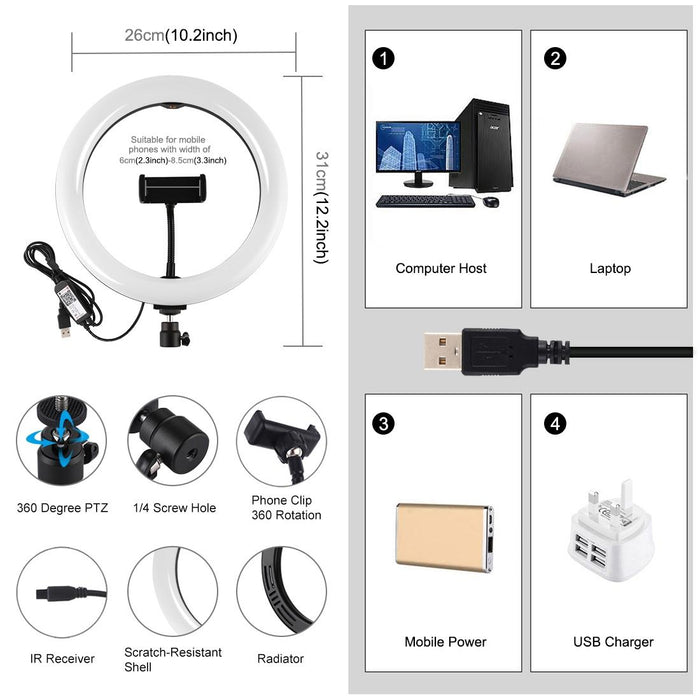 10.2 Inch 26Cm Curved Surface Usb Rgbw Dimmable Led Ring Vlogging Photography Video Lights With Tripod Ball Head & Remote Control & Phone Clamp