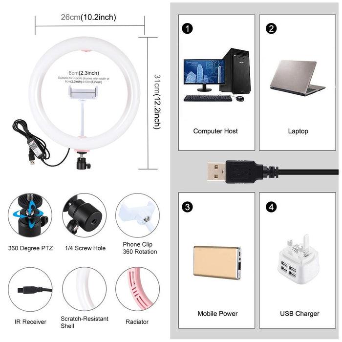 10.2 Inch 26Cm Curved Surface Usb Rgbw Dimmable Led Ring Vlogging Photography Video Lights With Tripod Ball Head & Remote Control & Phone Clamp