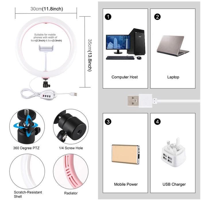 30Cm Usb 3 Modes Dimmable Dual Colour Temperature Led Curved Diffuse Light Ring Vlogging Selfie Photography Video Lights With Phone Clamp