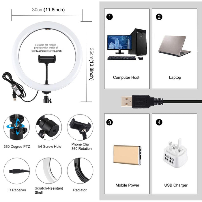 11.8 Inch 30Cm Rgb Dimmable Led Dual Colour Temperature Led Curved Diffuse Light Ring Vlogging Selfie Photography Video Lights With Tripod Ball Head & Phone Clamp & Remote Control