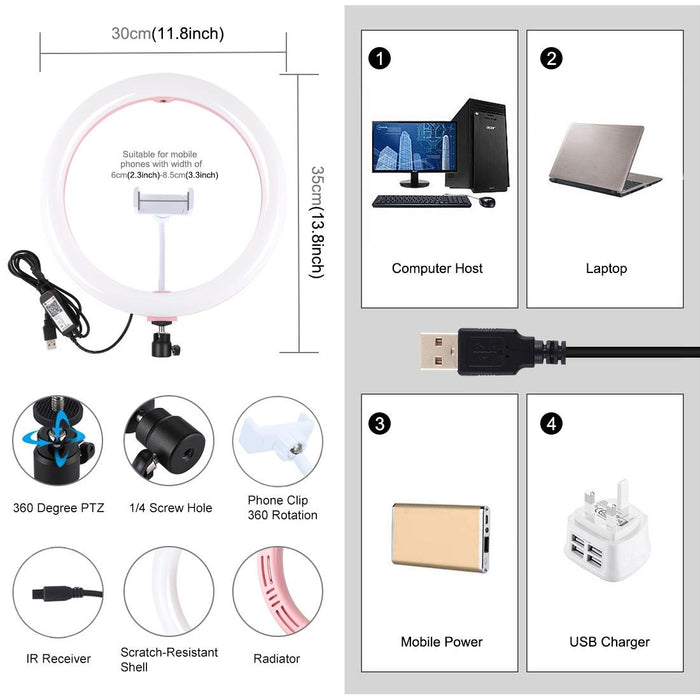 11.8 Inch 30Cm Rgb Dimmable Led Dual Colour Temperature Led Curved Diffuse Light Ring Vlogging Selfie Photography Video Lights With Tripod Ball Head & Phone Clamp & Remote Control