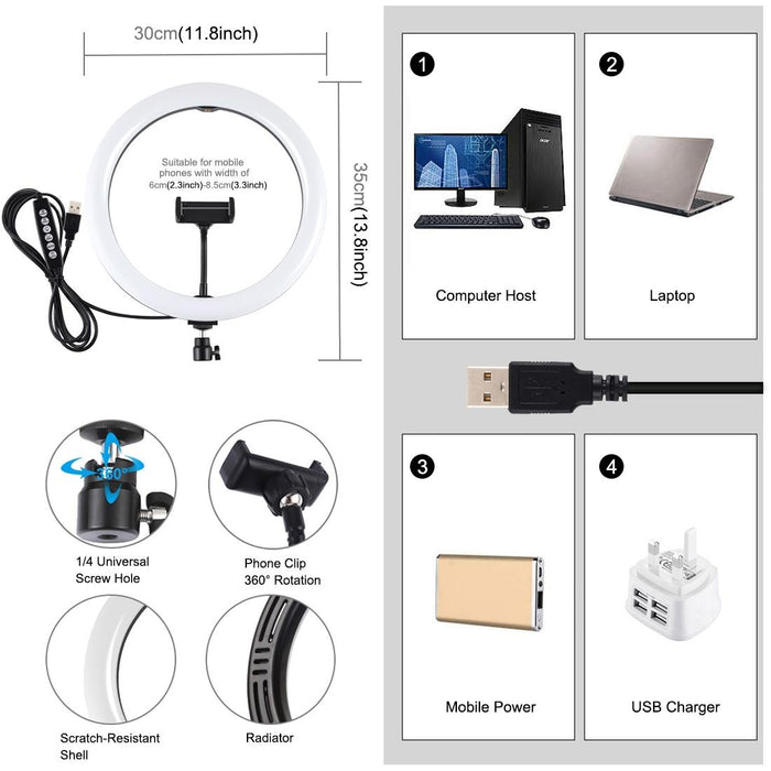 11.8 Inch 30Cm Curved Surface Usb 10 Modes 8 Colour Rgbw Dimmable Led Ring Vlogging Photography Video Lights With Tripod Ball Head & Phone Clamp Black