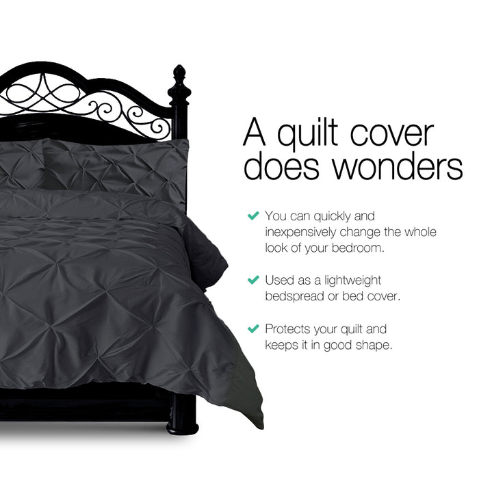 Cotton Quilt Cover Set Queen Bed Pinch Pleat Diamond Duvet Doona Black