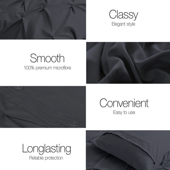 Cotton Quilt Cover Set Queen Bed Pinch Pleat Diamond Duvet Doona Black