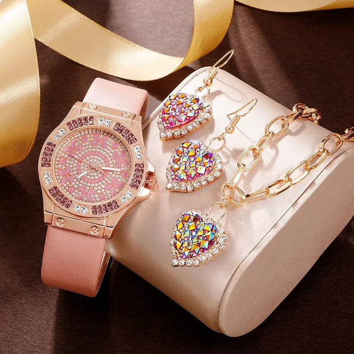 4pcs Set Colour Luxury Watch Women Necklace Earrings